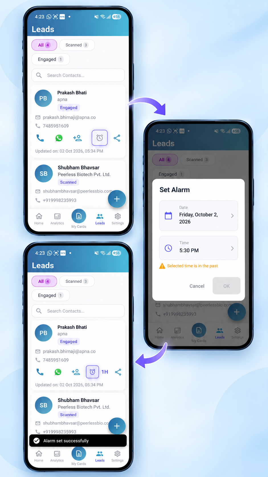 Setting a follow-up alarm on a lead